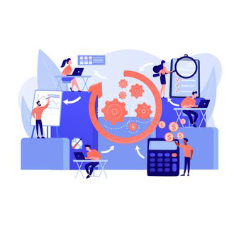 Workforce organization and management. Workflow processes, workflow process design and automation, boost your office productivity concept. Pink coral blue vector isolated illustration